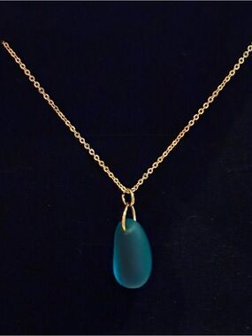 Teal Sea Glass Pendant Necklace on 18” Gold Chain